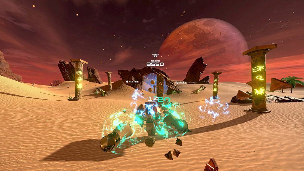 PowerBeatsVR gameplay in the Desert environment, with incoming targets and a first-person glove.