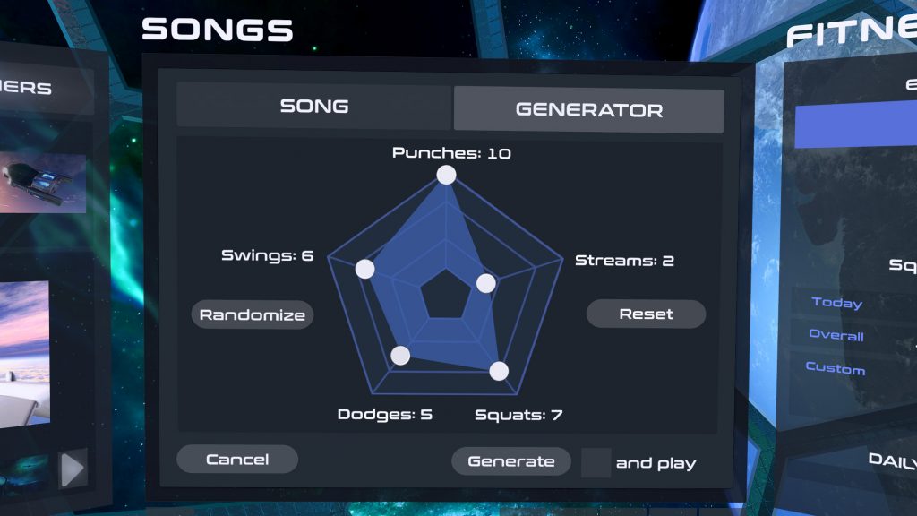 PowerBeatsVR generator menu with adjustable Punches, Streams, Squats, Dodges and Swings settings.