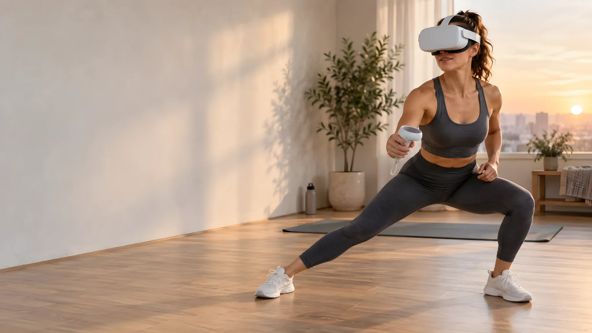 A woman in a VR headset and workout clothes making a controlled side lunge at home.