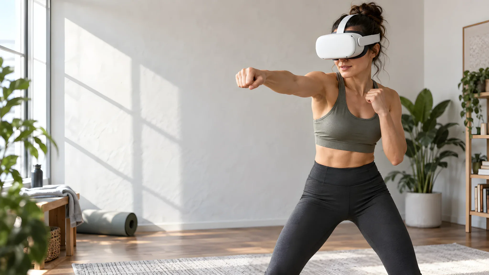 A woman wearing a VR headset in a boxing stance in a clear home workout area.