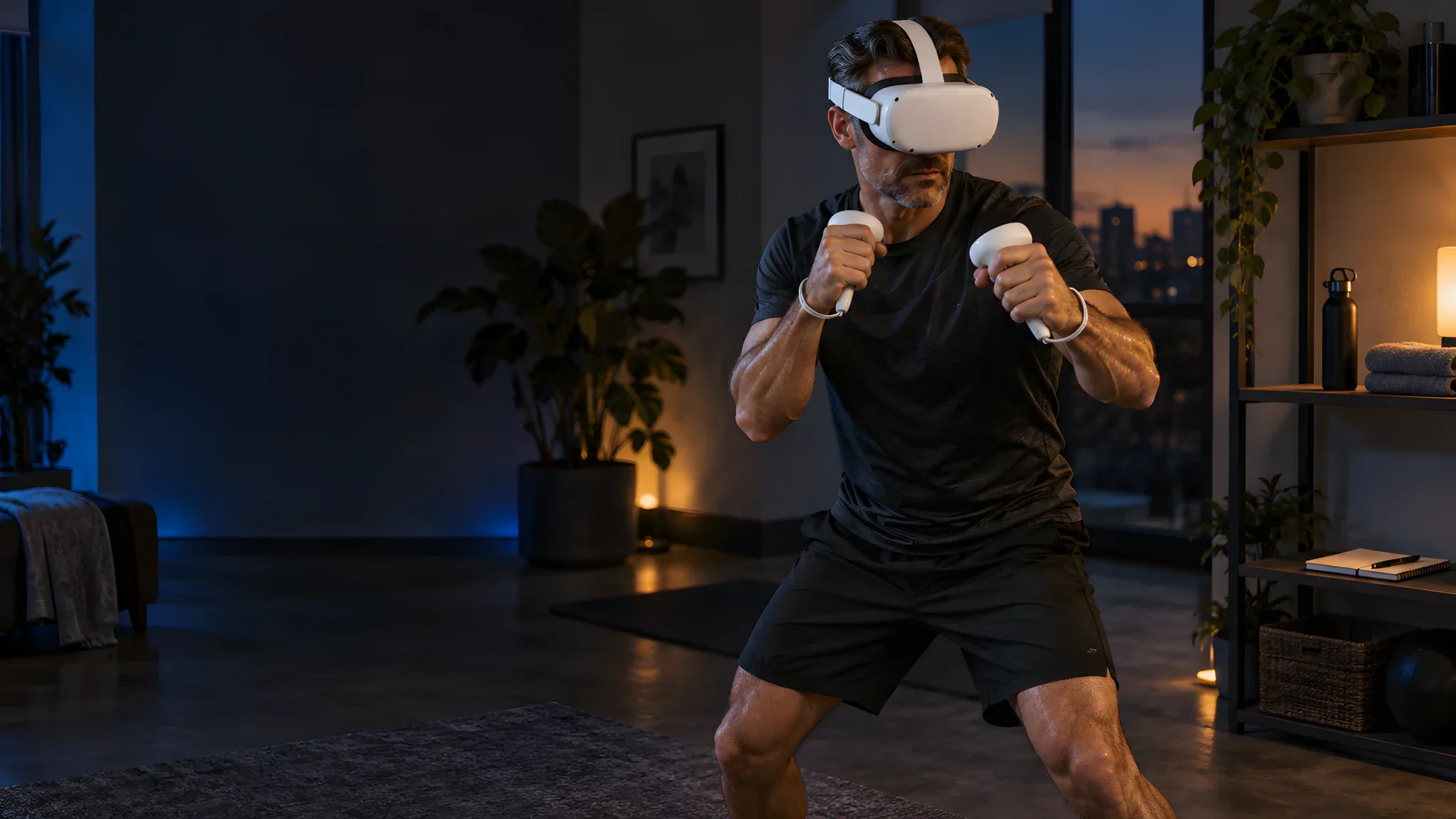 Illustration of a man in a VR headset holding two controllers in a boxing guard.