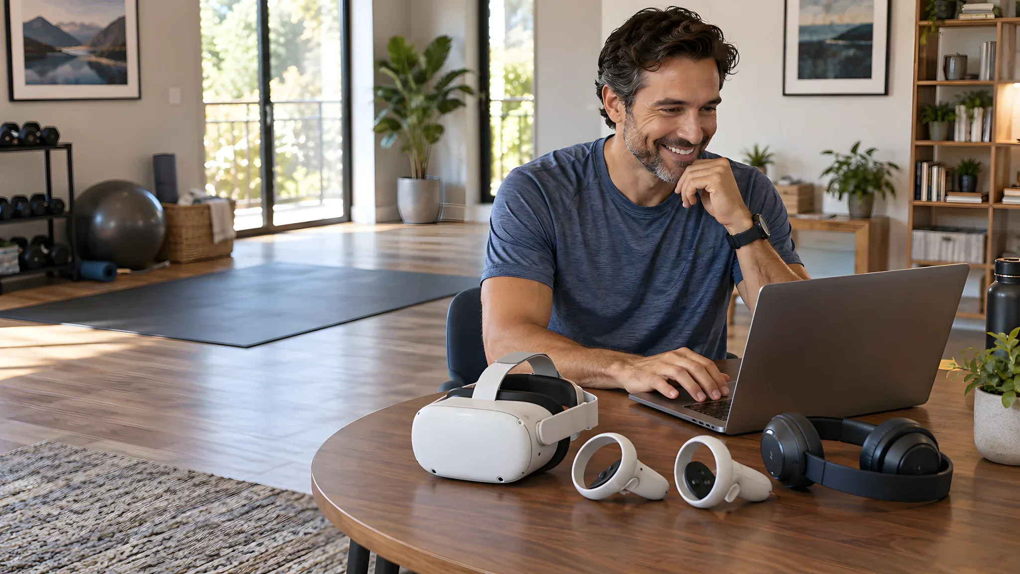 Man preparing music on a laptop beside a VR headset, two controllers and headphones.