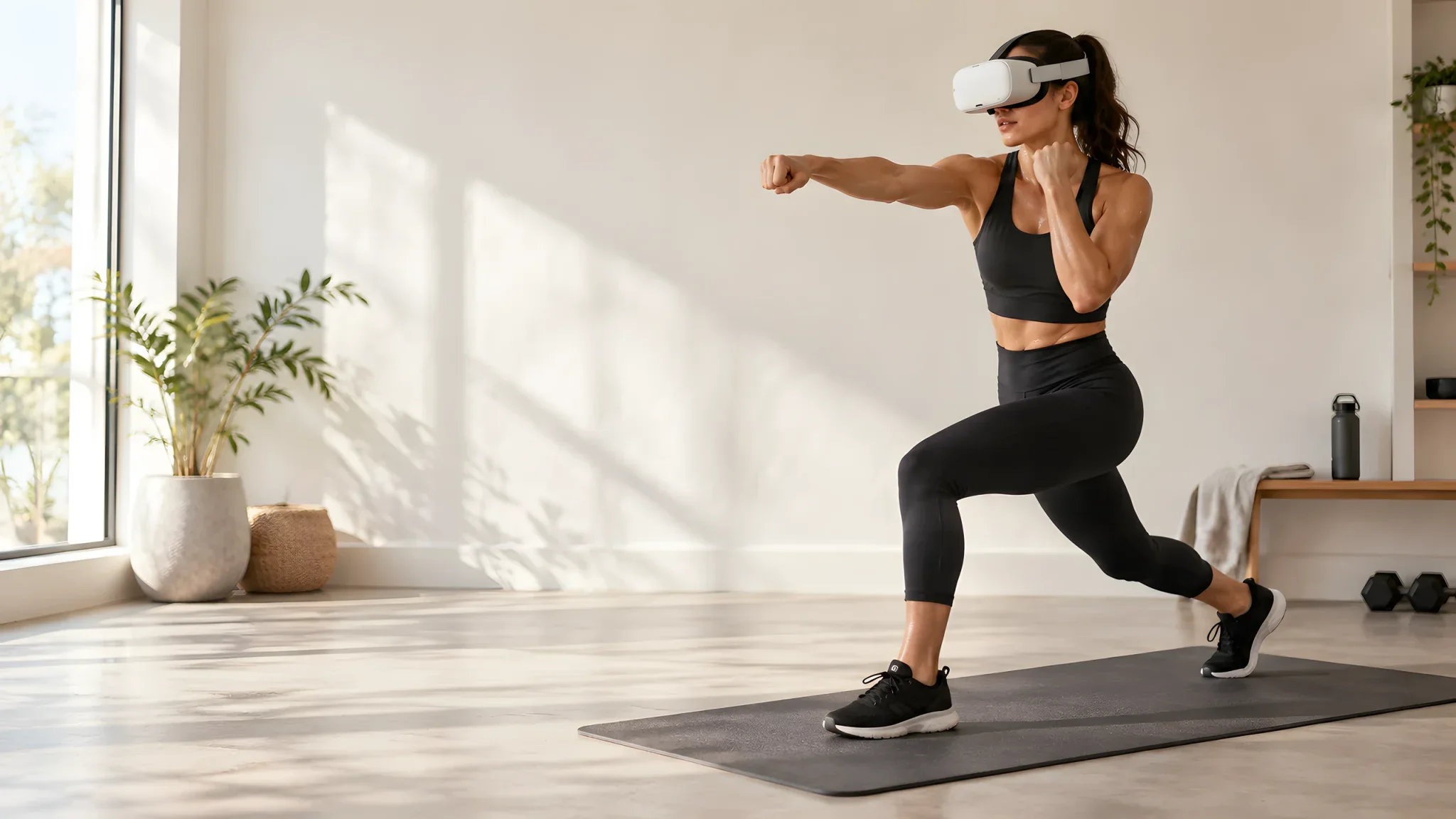 A woman wearing a VR headset in a low boxing stance at home.