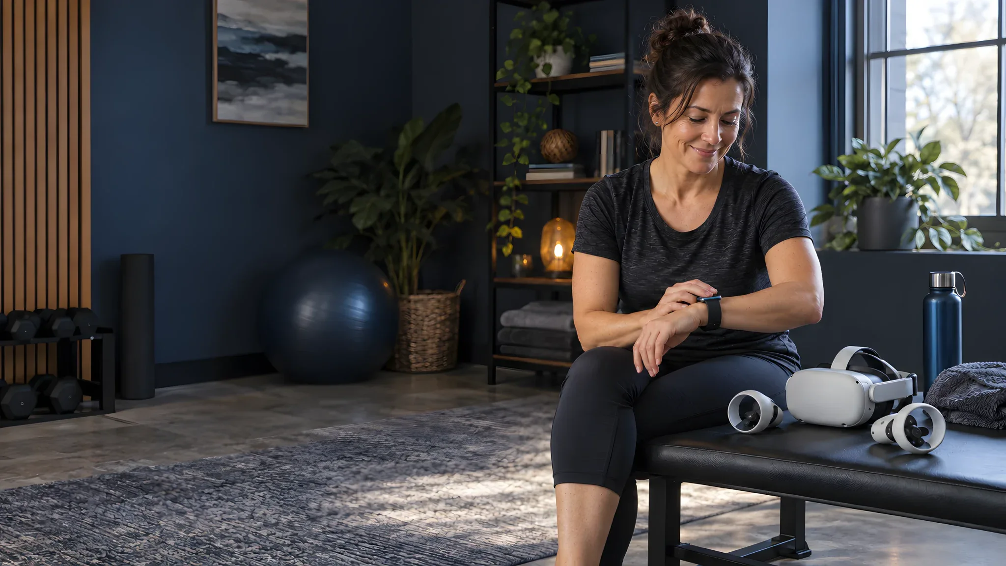 Woman around 40 checking her fitness watch after a home workout, with VR headset and two controllers resting beside her.