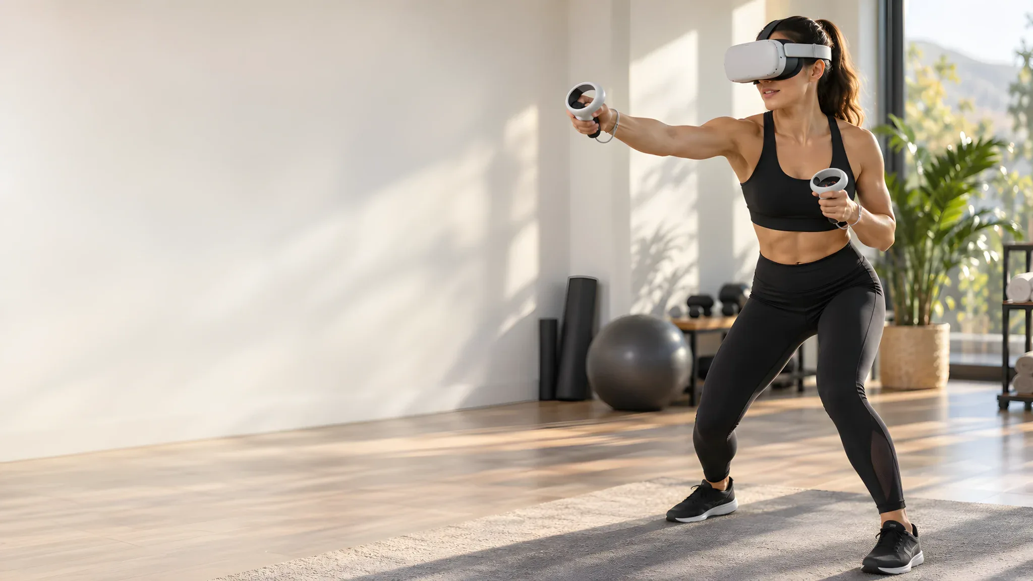 A woman in a VR headset holding controllers in a boxing stance.