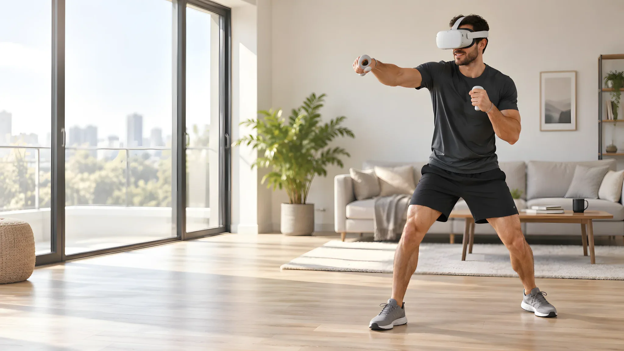 A man in a VR headset practising a controlled boxing movement at home.