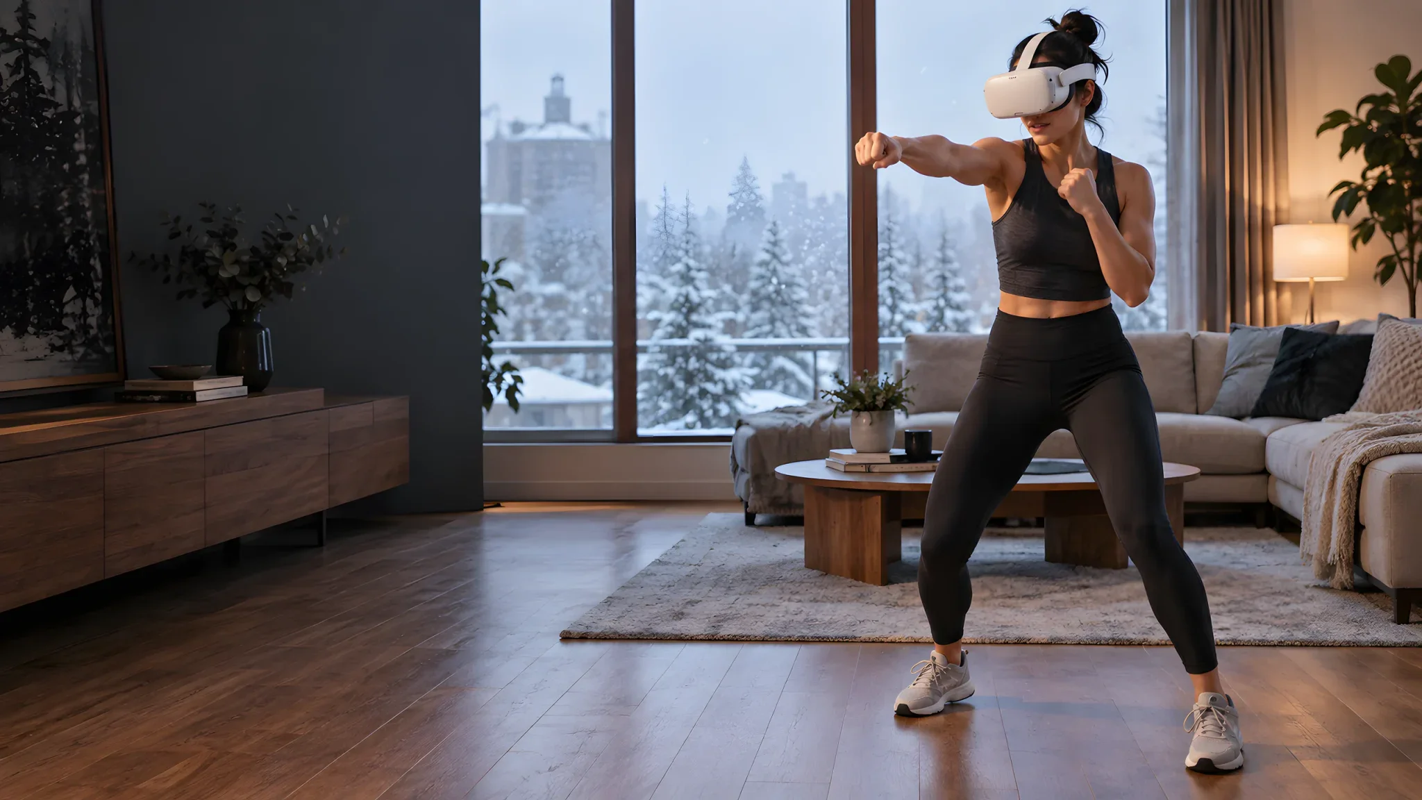 A woman working out in VR in a living room with snow visible outside.