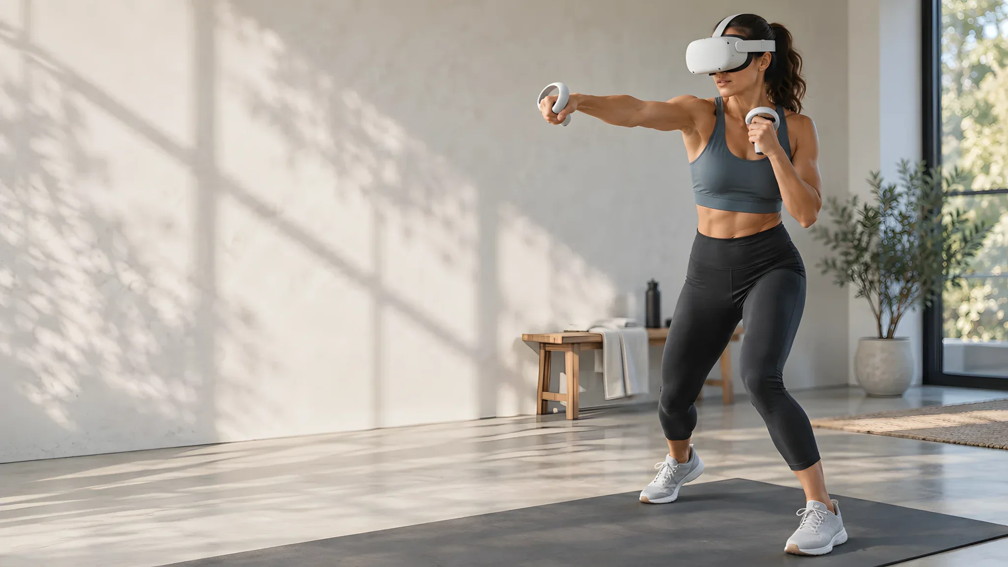 A woman holding VR controllers and extending one arm during a home workout.