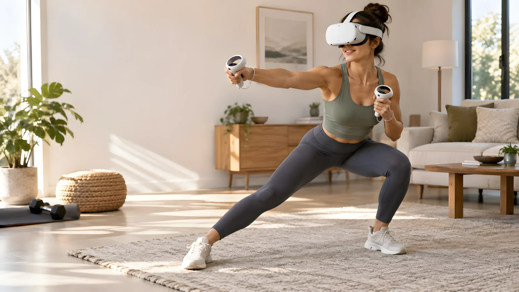 A woman in a VR headset making a side lunge with a controller in her hand.