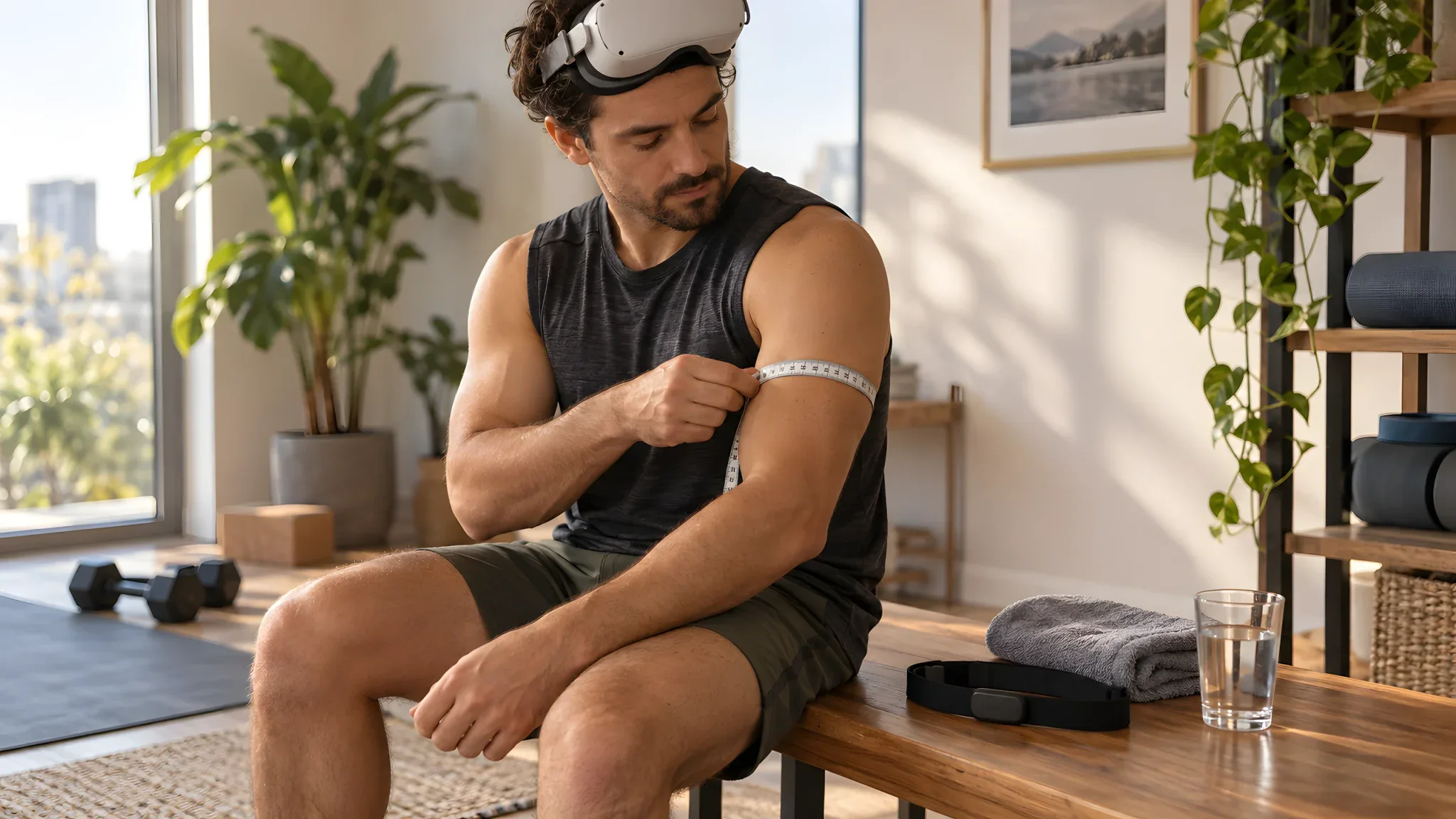 A man wearing a raised VR headset while checking a wrist fitness monitor.